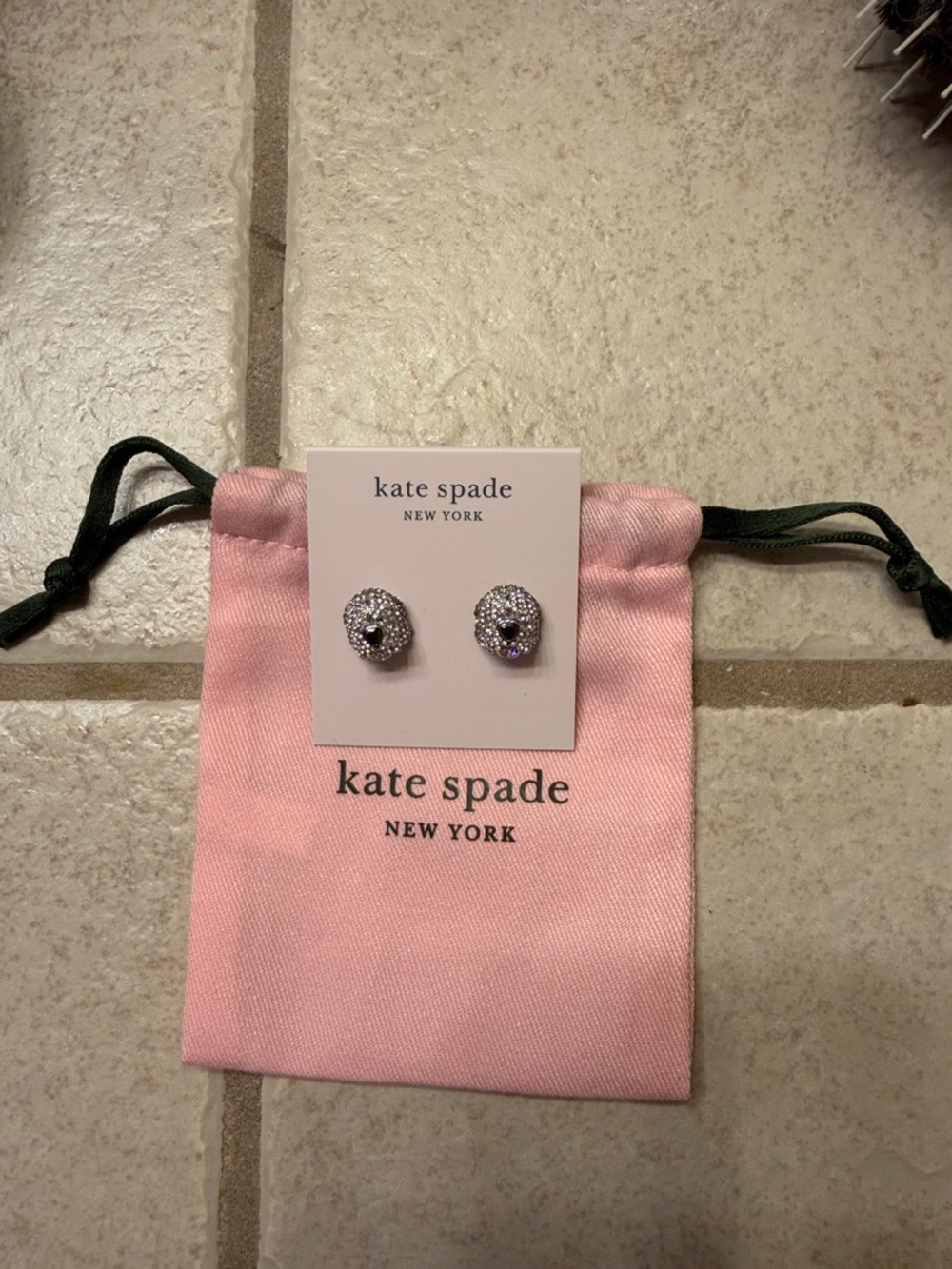 NWT kate spade crystal pave stud doodle dog earrings with pink pouch